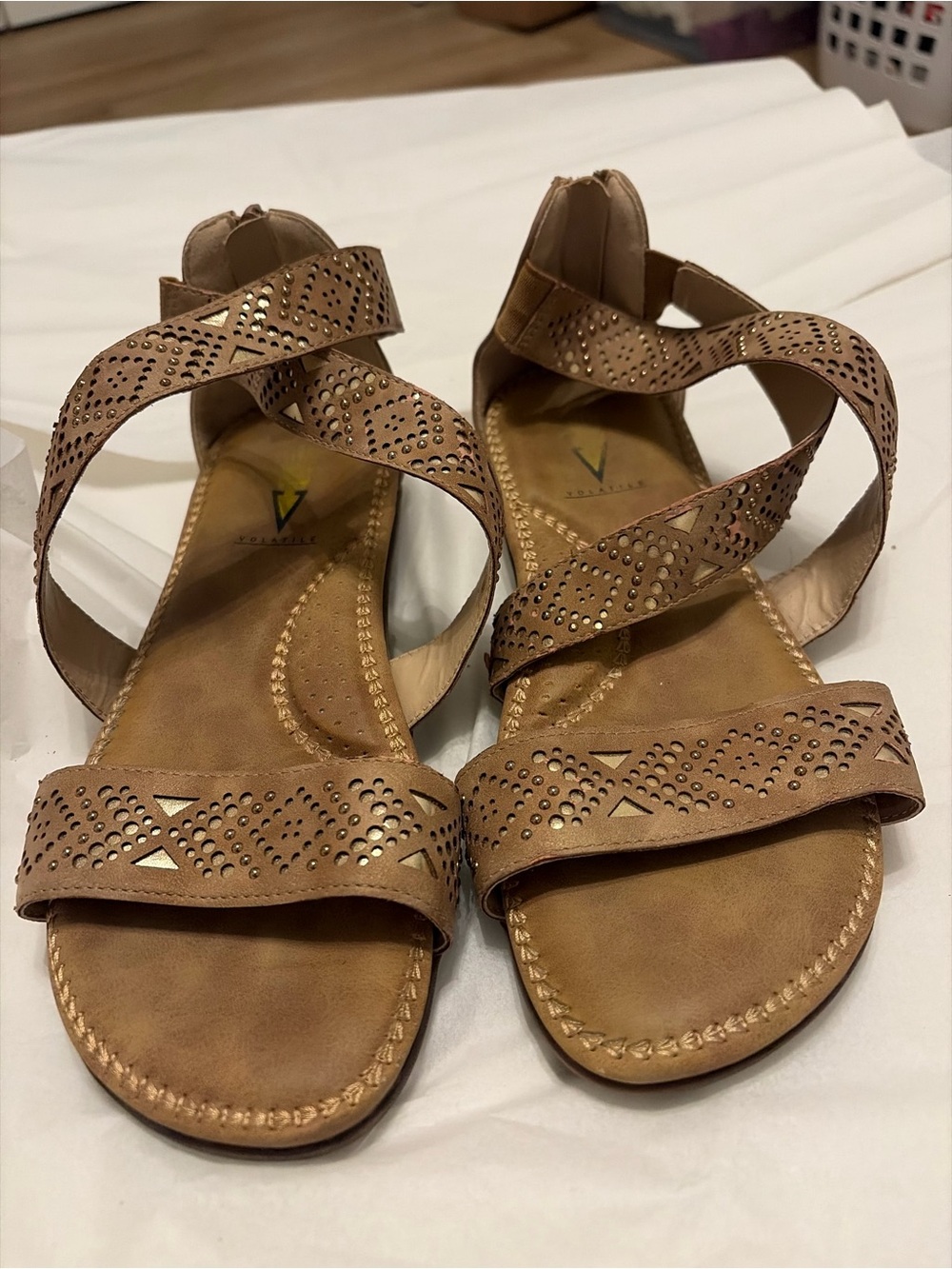 Volatile Tan Laser-Cut Strappy Sandals